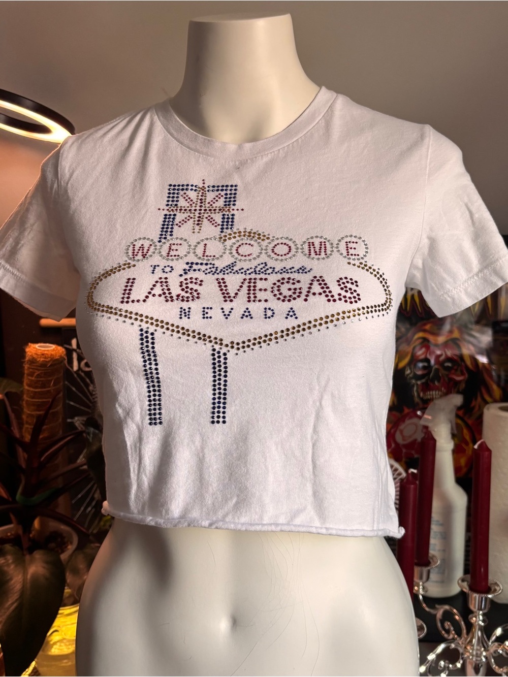 White Las Vegas Rhinestone Cropped Tee